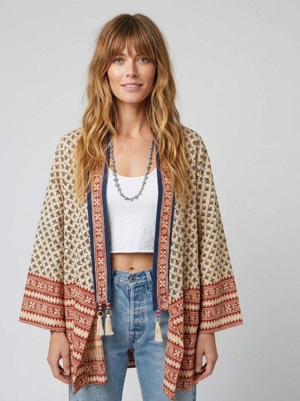 Vintage Kimono Tribal Guatemalan Cotton Boho Cover Up Wrap Shirt Jacket